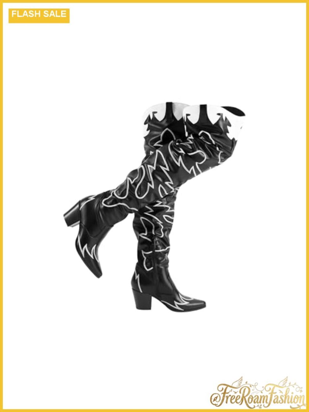 Women's Over The Knee Embroidered Faux Leather Boots Pointed Toe Chunky Heel